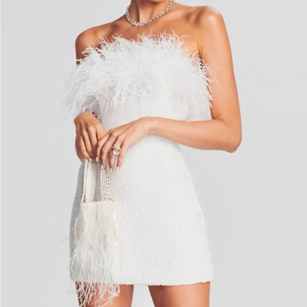 NWT Strapless White Feather Sequin Mini Dress